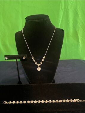 Avon Silver-Tone Heart Pendant Necklace, Bracelet & Stud Earrings Set